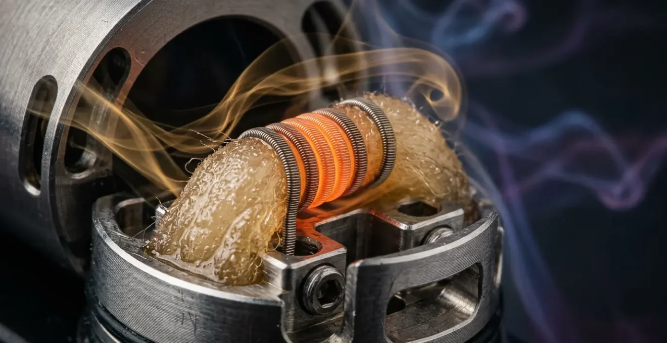 Macro détaillée d'une résistance de cigarette électronique avec flux d'air visible et vapeur dorée