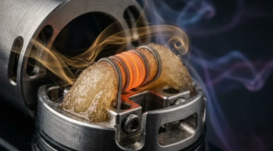 Macro détaillée d'une résistance de cigarette électronique avec flux d'air visible et vapeur dorée