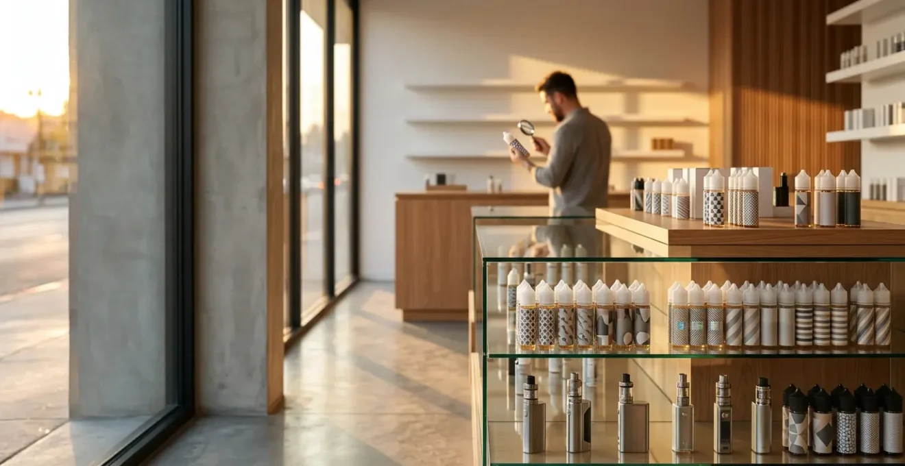 Intérieur moderne d'une boutique de vape avec vitrine lumineuse présentant des produits authentiques