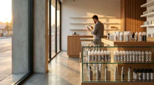 Intérieur moderne d'une boutique de vape avec vitrine lumineuse présentant des produits authentiques