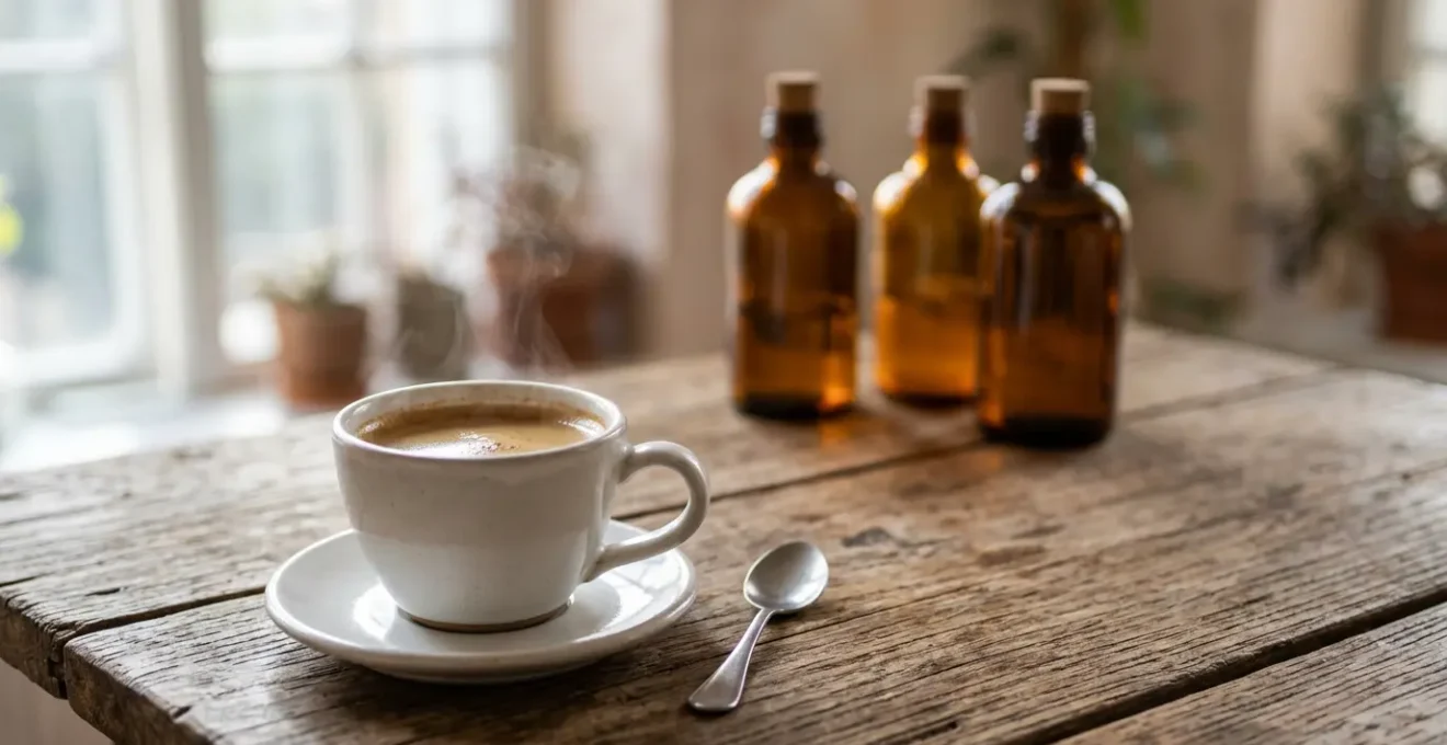 Tasse de café fumante posée sur une table en bois avec trois flacons de e-liquide aux saveurs gourmandes en arrière-plan flou
