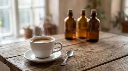 Tasse de café fumante posée sur une table en bois avec trois flacons de e-liquide aux saveurs gourmandes en arrière-plan flou