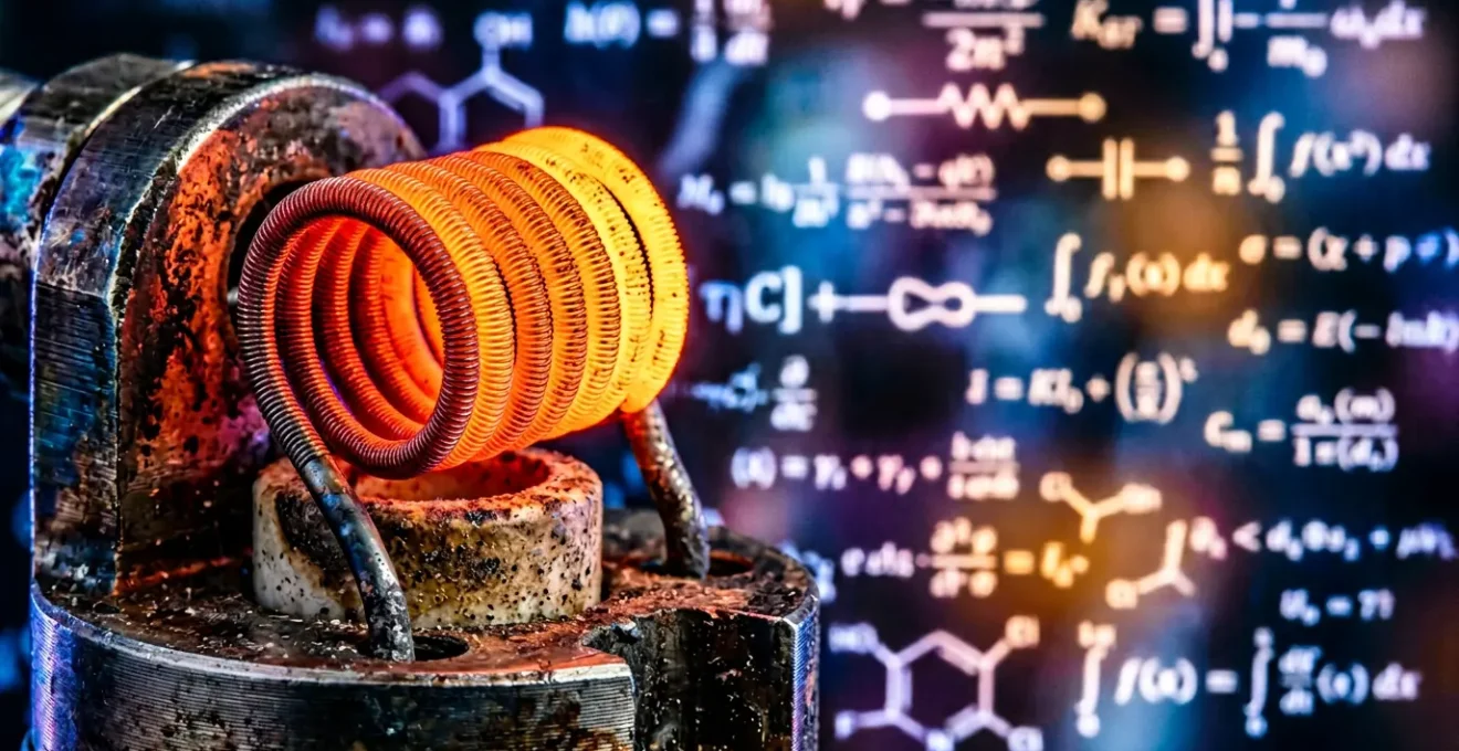 Vue macro d'un coil de cigarette électronique chauffant uniformément avec des équations physiques en arrière-plan flou