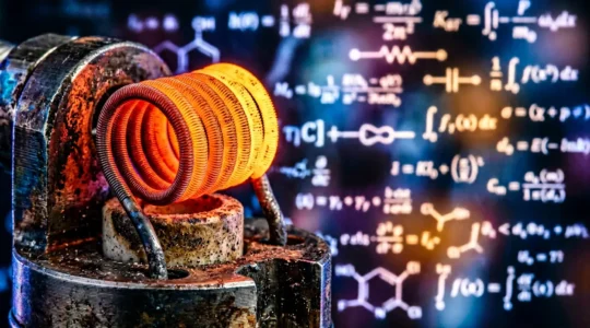 Vue macro d'un coil de cigarette électronique chauffant uniformément avec des équations physiques en arrière-plan flou