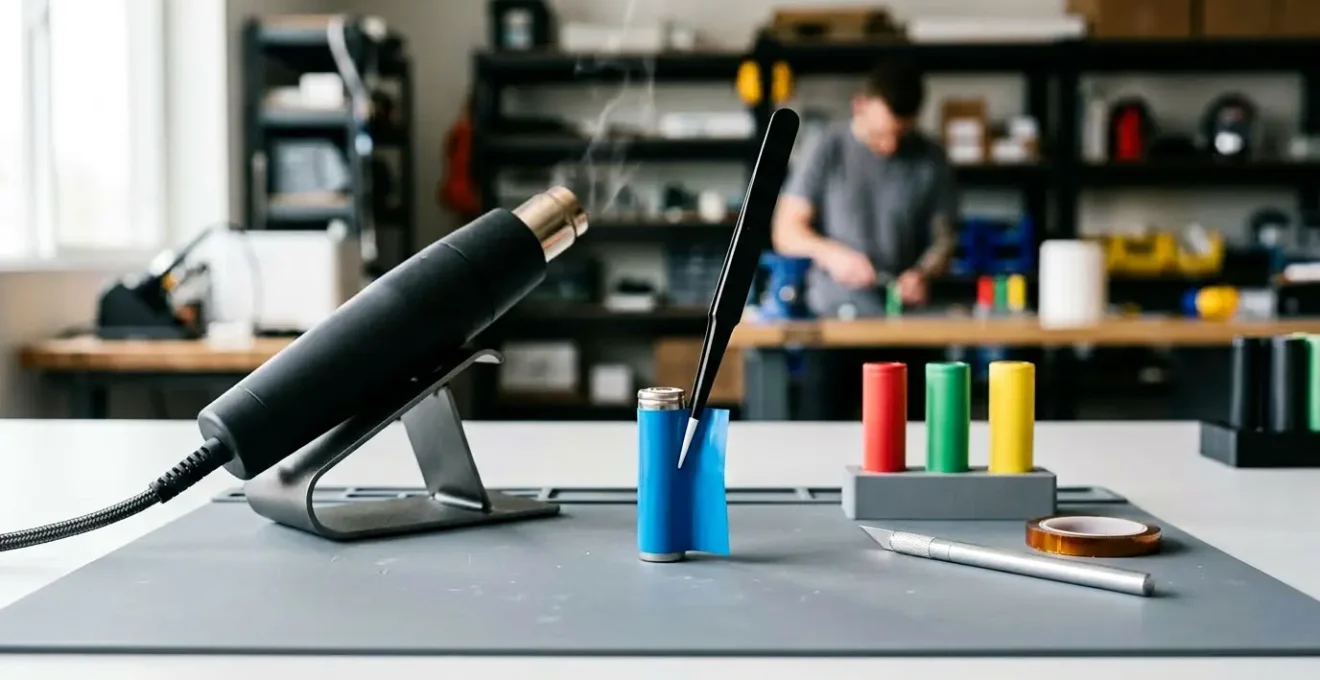 Changement de wrap sur un accu de cigarette électronique montrant les outils et étapes de protection