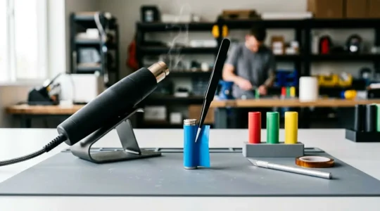 Changement de wrap sur un accu de cigarette électronique montrant les outils et étapes de protection