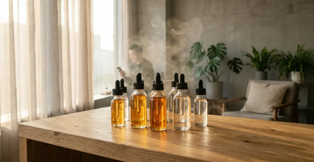 Vapoteur contemplant différents flacons d'e-liquides dans une atmosphère zen et équilibrée