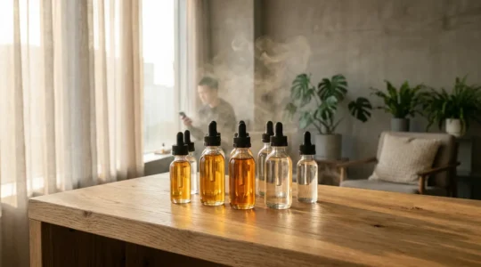 Vapoteur contemplant différents flacons d'e-liquides dans une atmosphère zen et équilibrée