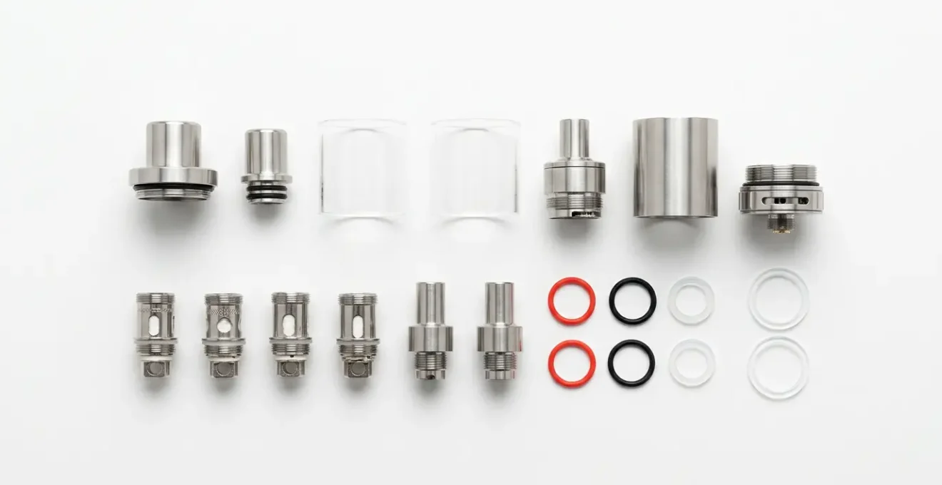 Clearomiseur démonté avec toutes ses pièces disposées proprement pour l'entretien