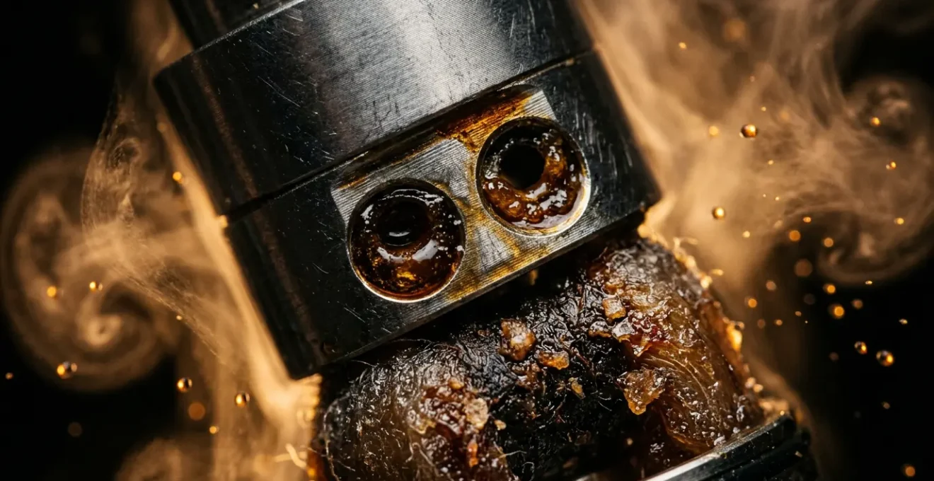 Vue macro d'un clearomiseur avec liquide visqueux et vapeur dense