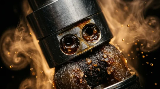 Vue macro d'un clearomiseur avec liquide visqueux et vapeur dense