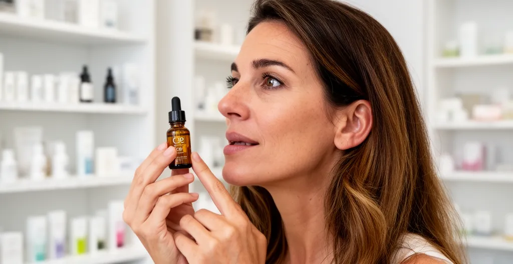 Femme trentenaire respirant les arômes d'un flacon CBD dans une boutique bien-être