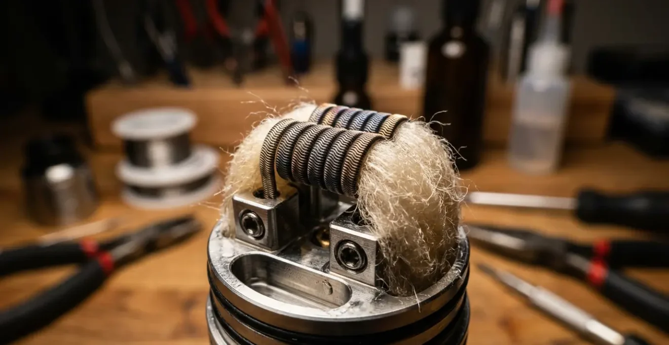 Coil artisanal en macro avec fils résistifs et coton dans un atomiseur reconstructible