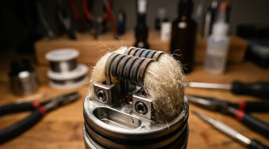 Coil artisanal en macro avec fils résistifs et coton dans un atomiseur reconstructible