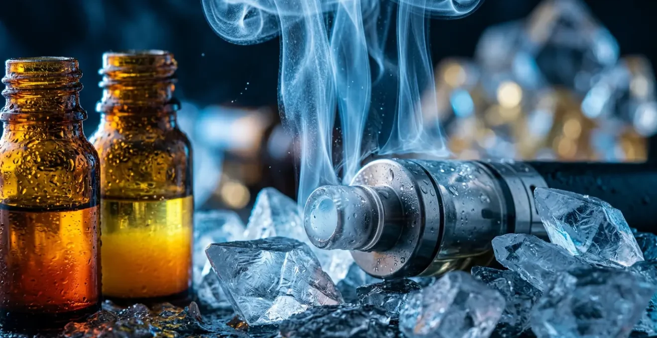 Vapeur glaciale émergeant d'un atomiseur avec cristaux de menthol et flacons de concentrés