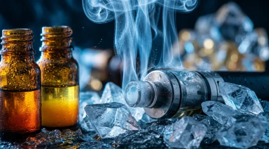 Vapeur glaciale émergeant d'un atomiseur avec cristaux de menthol et flacons de concentrés