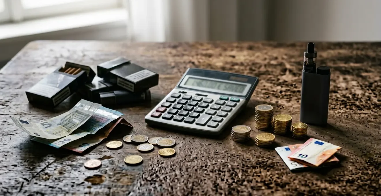 Comparaison visuelle des coûts entre tabac et cigarette électronique avec calculatrice et billets