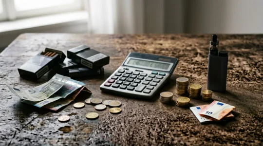 Comparaison visuelle des coûts entre tabac et cigarette électronique avec calculatrice et billets