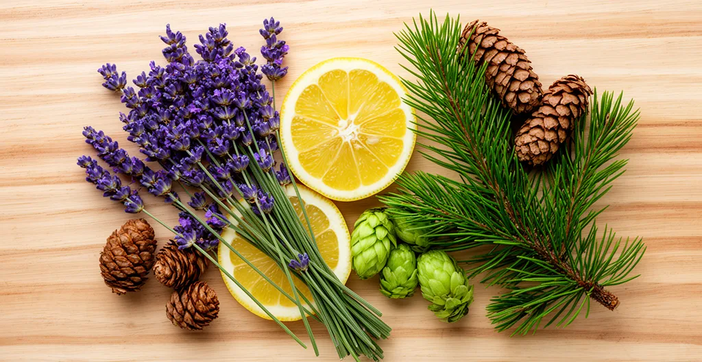 Composition artistique de lavande, citron, branche de pin et cônes de houblon sources naturelles de terpènes