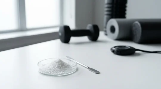 Cristaux purs d'isolat de CBD avec équipement sportif professionnel en arrière-plan