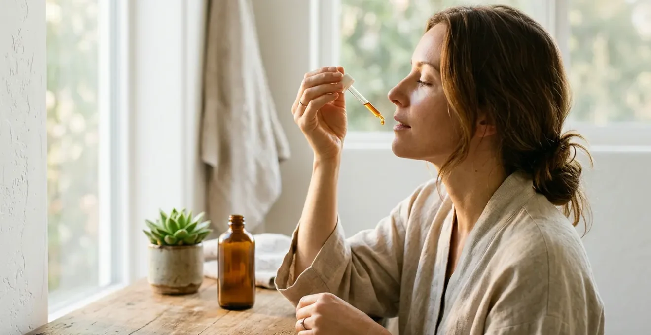 Main tenant délicatement une pipette d'huile CBD au-dessus d'une langue, avec un flacon ambré sur surface de bois naturel