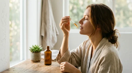 Main tenant délicatement une pipette d'huile CBD au-dessus d'une langue, avec un flacon ambré sur surface de bois naturel
