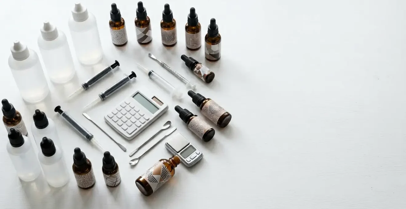 Composition montrant la fabrication économique d'e-liquide DIY avec arômes concentrés et calcul d'économies