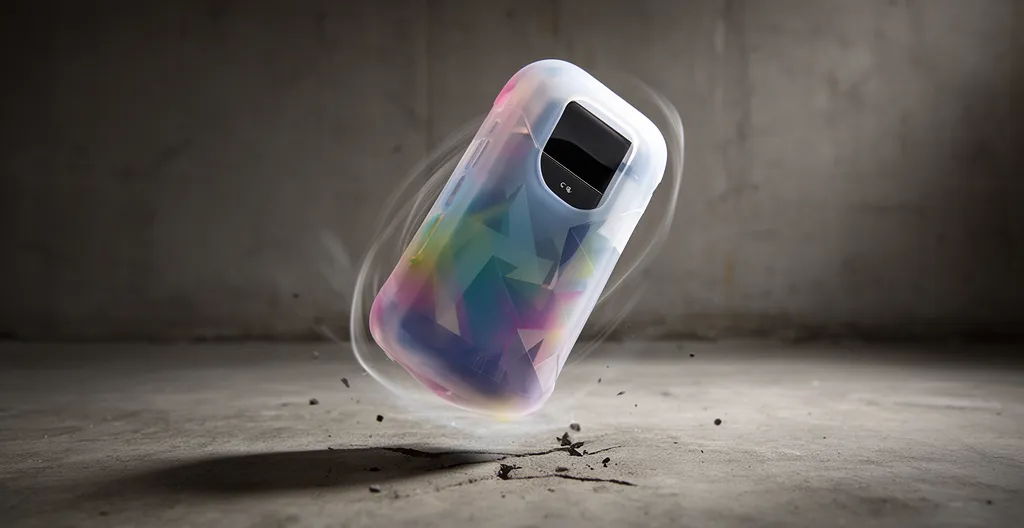 Étui en silicone coloré protégeant une box de cigarette électronique lors d'une chute sur une surface dure