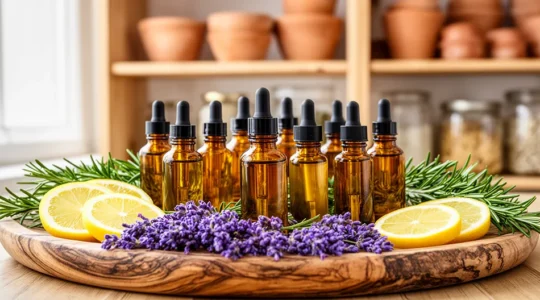 Flacons d'huile CBD ambré posés sur plateau en bois entourés de lavande et romarin frais