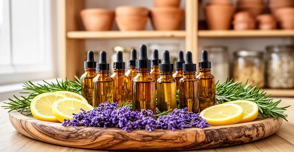 Flacons d'huile CBD ambré posés sur plateau en bois entourés de lavande et romarin frais