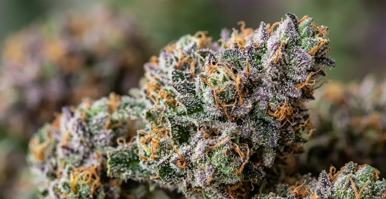Macro détaillée de trichomes cristallins sur une fleur de CBD premium avec teintes violettes