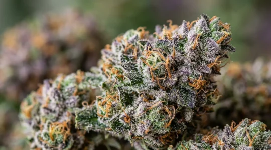 Macro détaillée de trichomes cristallins sur une fleur de CBD premium avec teintes violettes