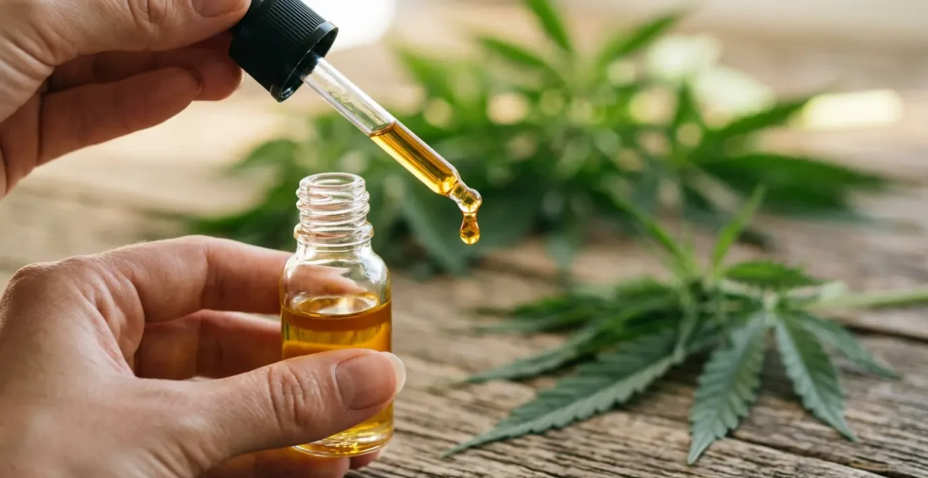 Gros plan sur une main tenant un compte-goutte d'huile CBD dorée au-dessus d'une table en bois naturel avec des feuilles de chanvre
