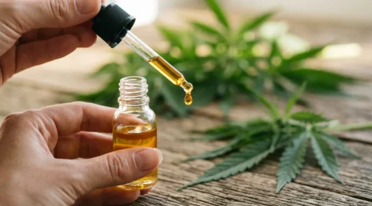 Gros plan sur une main tenant un compte-goutte d'huile CBD dorée au-dessus d'une table en bois naturel avec des feuilles de chanvre