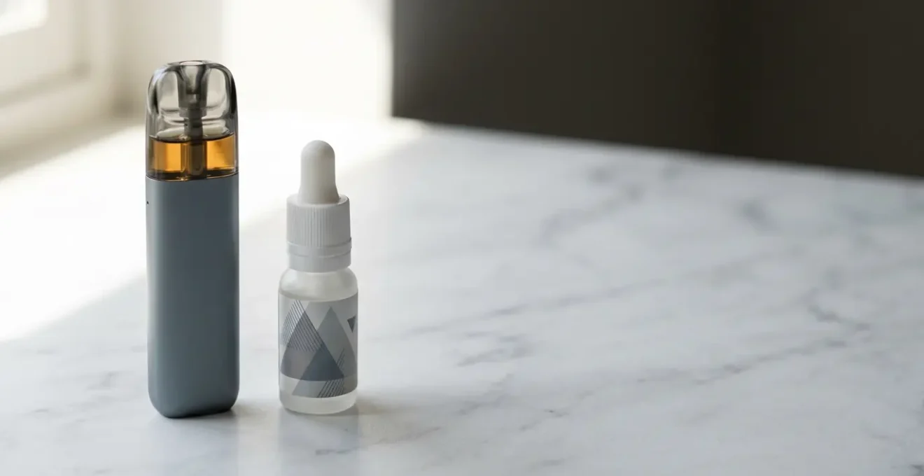 Kit de cigarette électronique pour débutant avec pod compact et e-liquide sur surface épurée