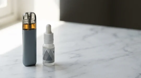 Kit de cigarette électronique pour débutant avec pod compact et e-liquide sur surface épurée