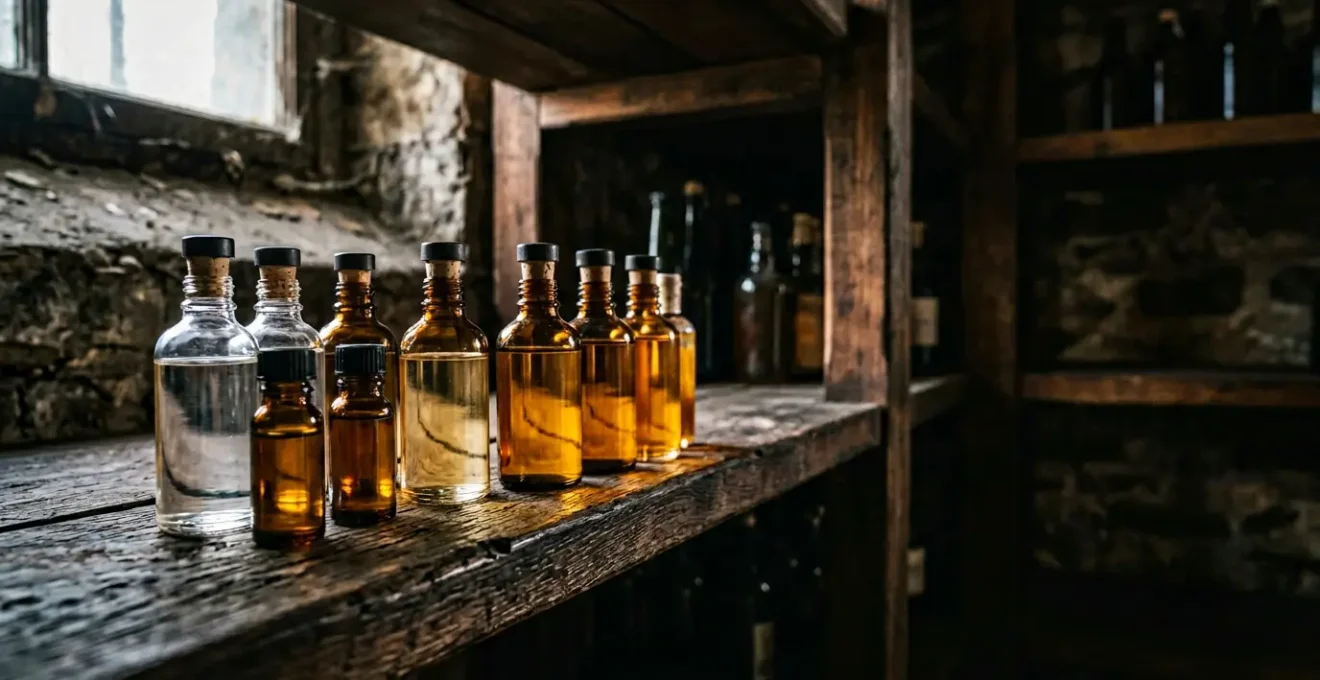 Flacons ambrés d'e-liquide en processus de maturation dans un environnement contrôlé