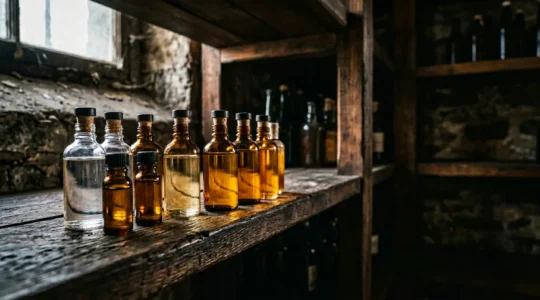 Flacons ambrés d'e-liquide en processus de maturation dans un environnement contrôlé