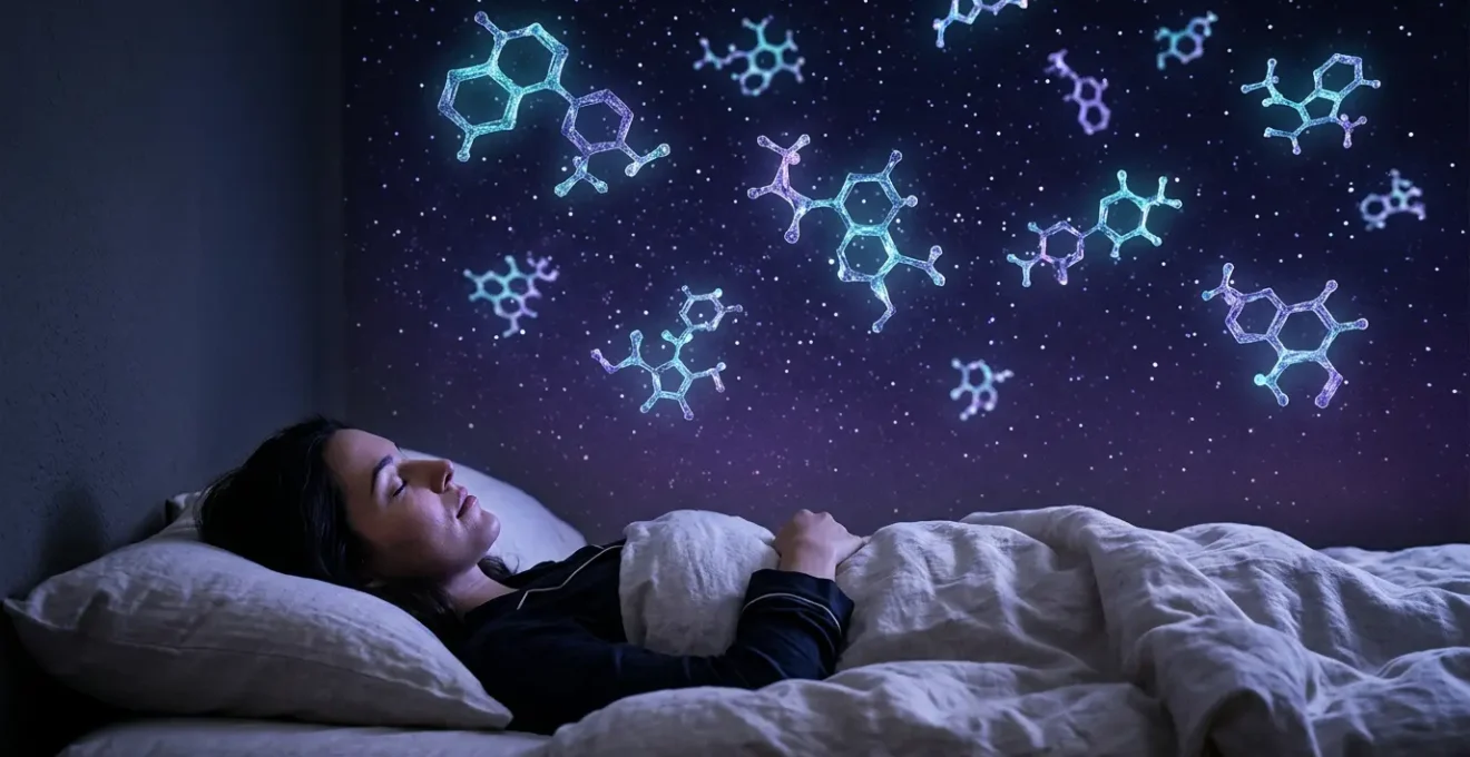 Représentation artistique de molécules de cannabinoïdes flottant dans un ciel nocturne étoilé