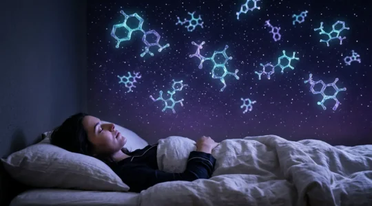 Représentation artistique de molécules de cannabinoïdes flottant dans un ciel nocturne étoilé