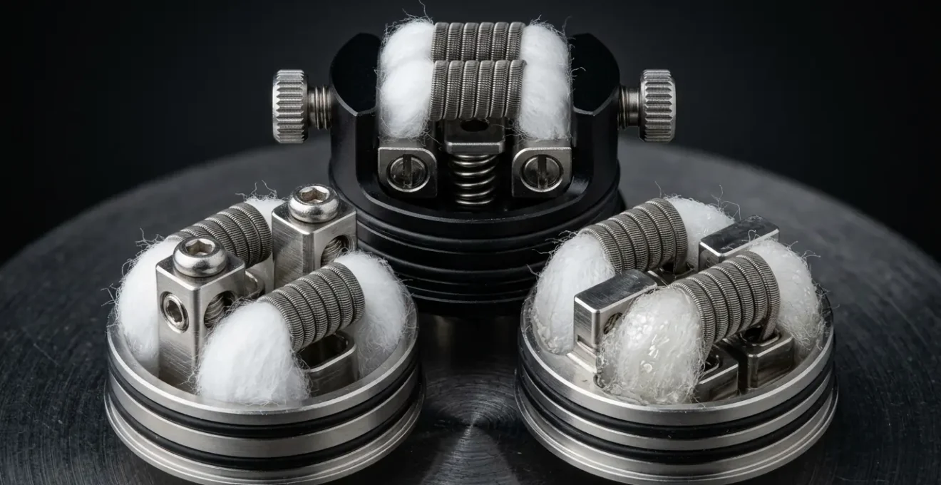 Comparaison visuelle de trois plateaux d'atomiseur reconstructible avec coils montés en macro détaillé