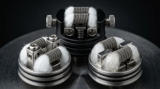 Comparaison visuelle de trois plateaux d'atomiseur reconstructible avec coils montés en macro détaillé