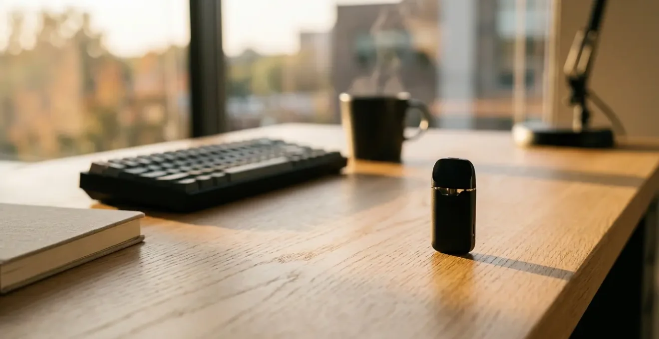 Vue macro d'un pod minuscule posé sur un bureau moderne avec des accessoires de travail floutés en arrière-plan