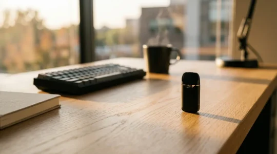 Vue macro d'un pod minuscule posé sur un bureau moderne avec des accessoires de travail floutés en arrière-plan