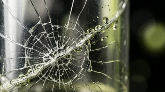 Gros plan macro sur un réservoir en plastique fissuré avec des gouttes d'e-liquide au citron vert