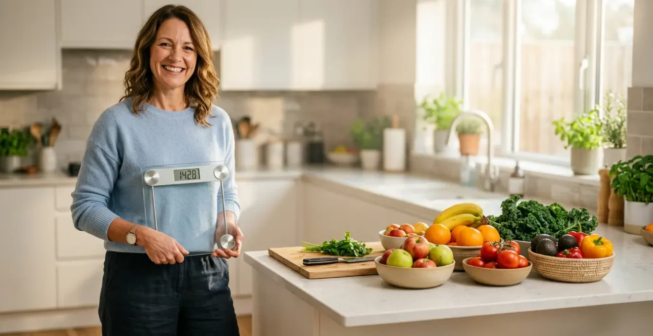 Personne épanouie tenant une balance stable avec vapeur douce et fruits frais en arrière-plan