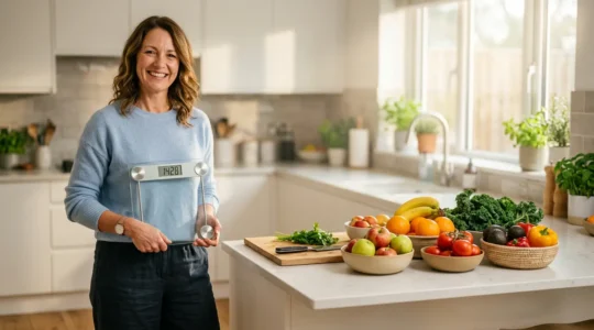 Personne épanouie tenant une balance stable avec vapeur douce et fruits frais en arrière-plan