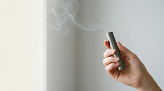 Vapeur douce s'échappant d'un pod moderne dans une main délicate