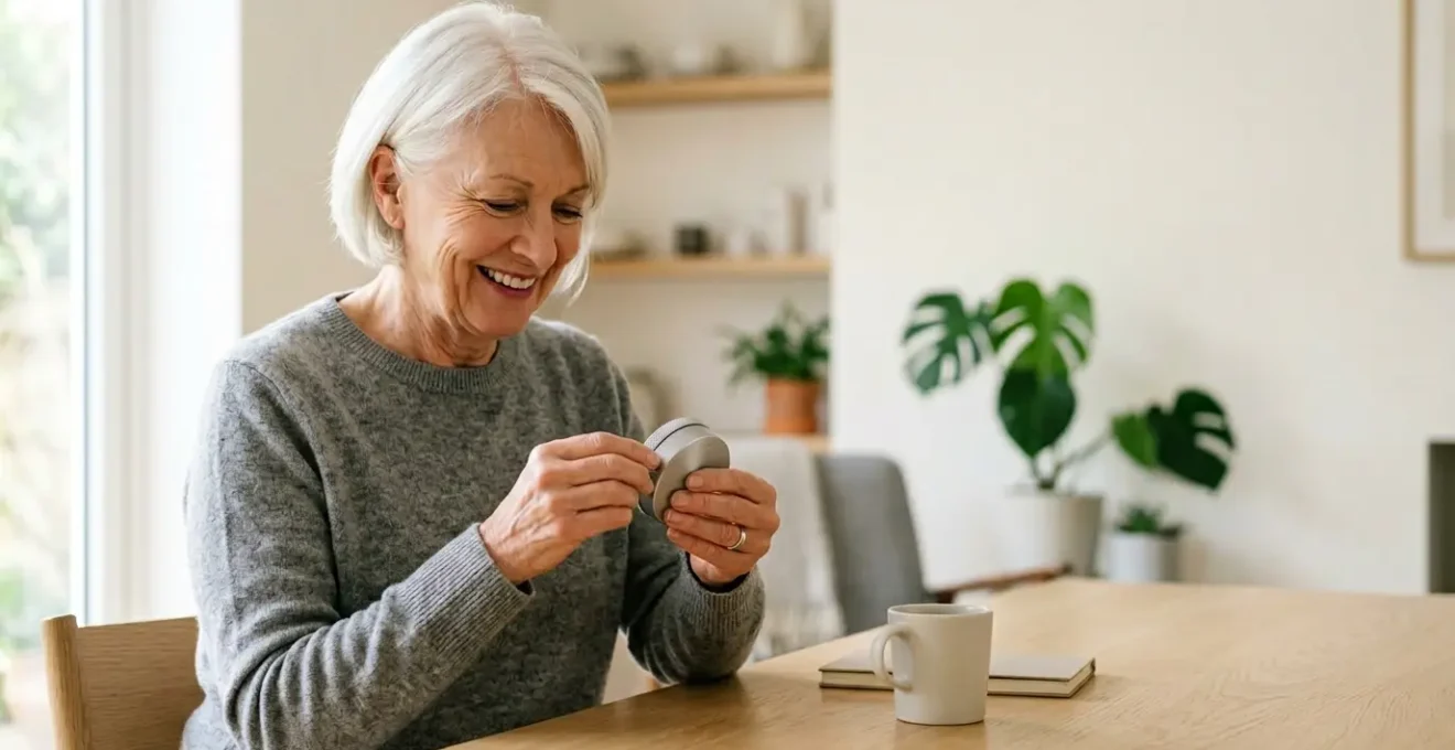 Personne senior manipulant avec aisance un pod de cigarette électronique dans un environnement calme et lumineux