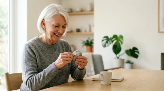 Personne senior manipulant avec aisance un pod de cigarette électronique dans un environnement calme et lumineux